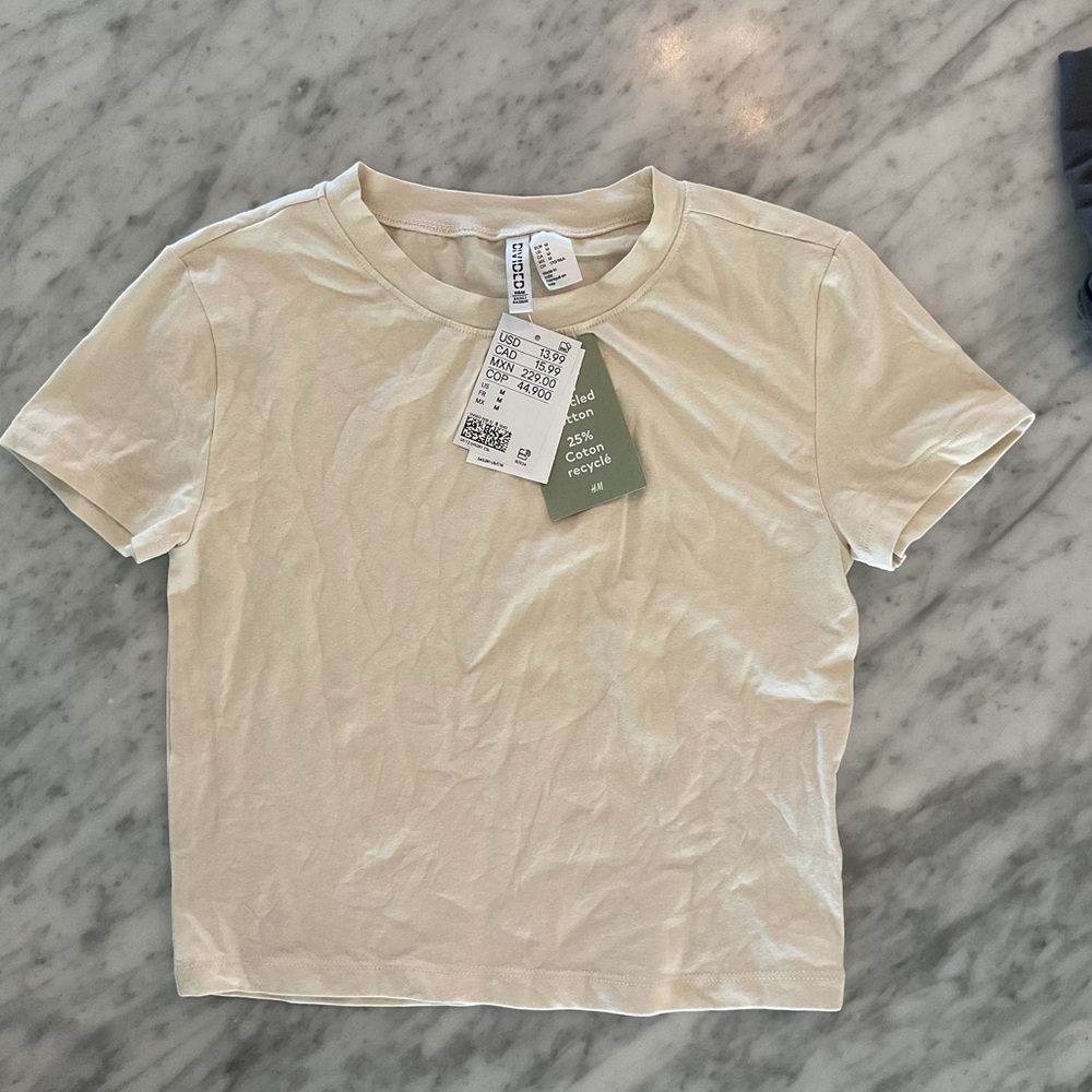 NWT H&M Cotton T Shirt Basic Crop Medium Beige Natural